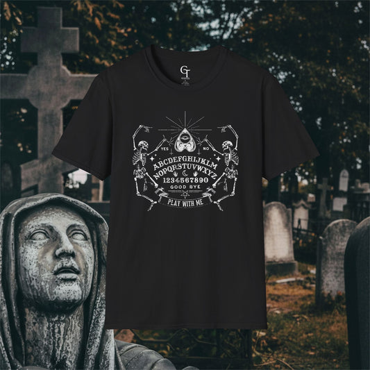 Spirit Board Tee: "Play With Me" Dancing Skeleton Séance Shirt