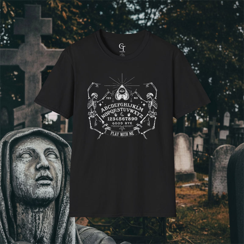 Spirit Board Tee: "Play With Me" Dancing Skeleton Séance Shirt
