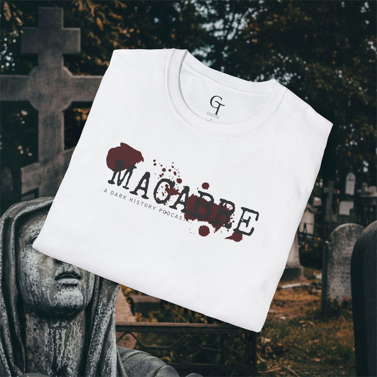 Macabre: A Dark History Podcast Tee · Blood Splatter Logo Shirt