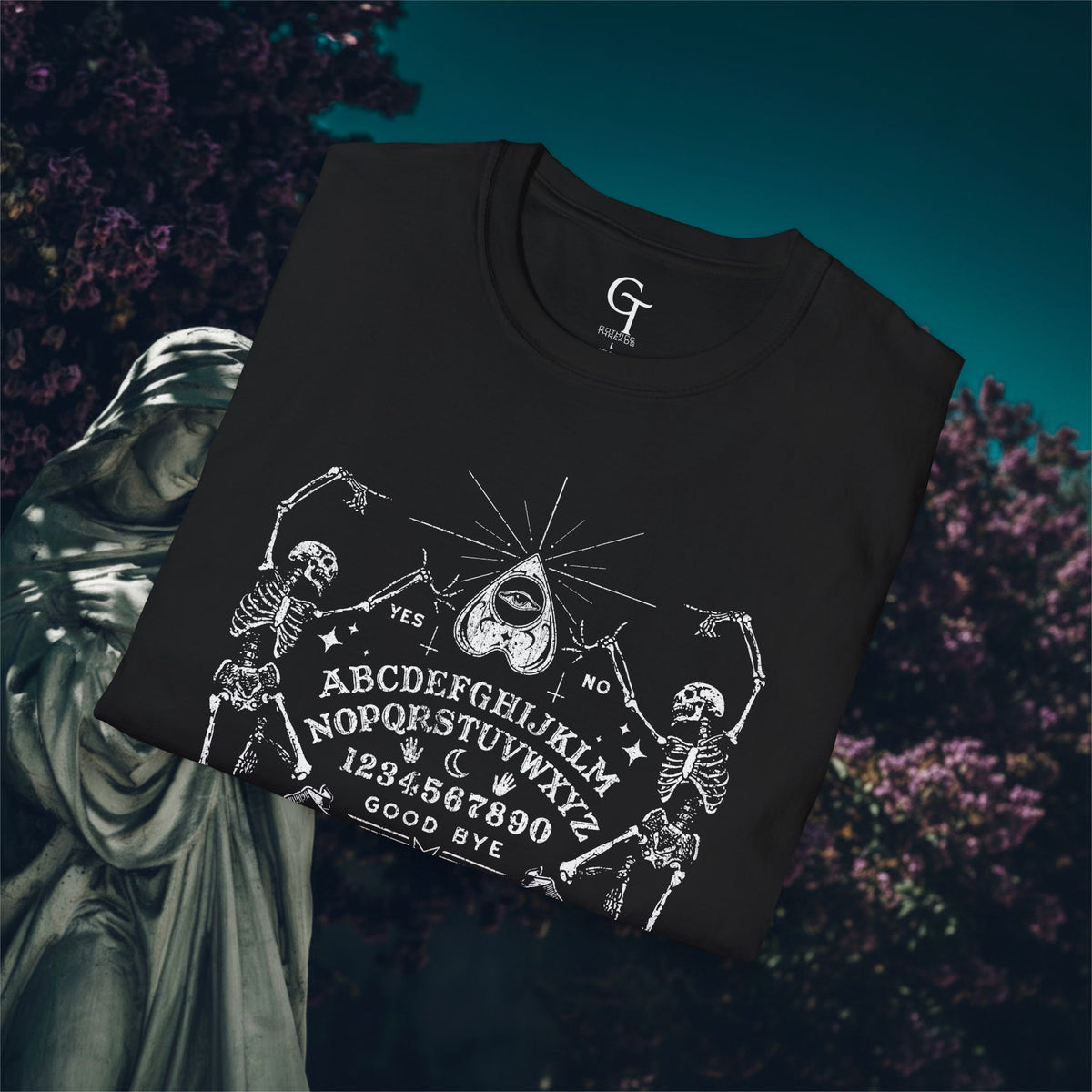 Spirit Board Tee: "Play With Me" Dancing Skeleton Séance Shirt