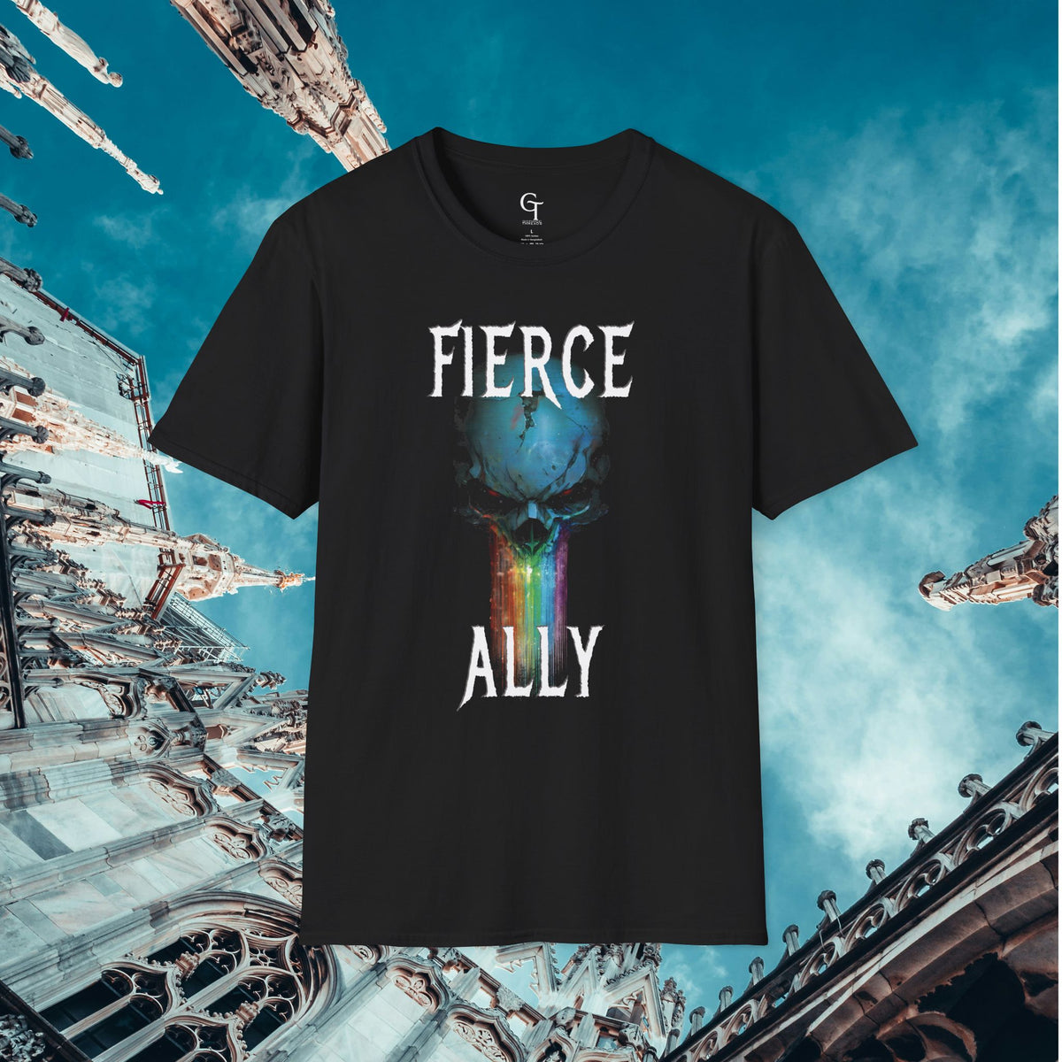 Fierce Ally LGBTQ Pride Tee: Rainbow Skull Goth Graphic Shirt