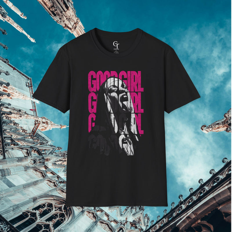 Begging Nun Tee: "Good Girl" Dark Humor Goth Graphic Shirt