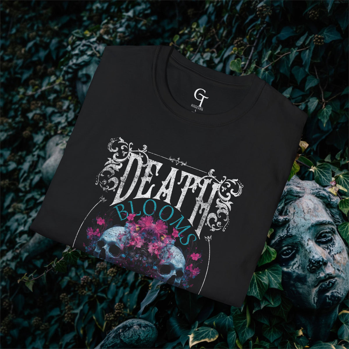Death Blooms Like a Garden Tee: Twin Skull Floral Goth Shirt