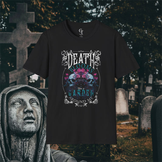 Death Blooms Like a Garden Tee: Twin Skull Floral Goth Shirt