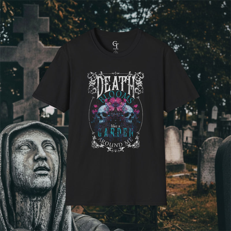 Death Blooms Like a Garden Tee: Twin Skull Floral Goth Shirt