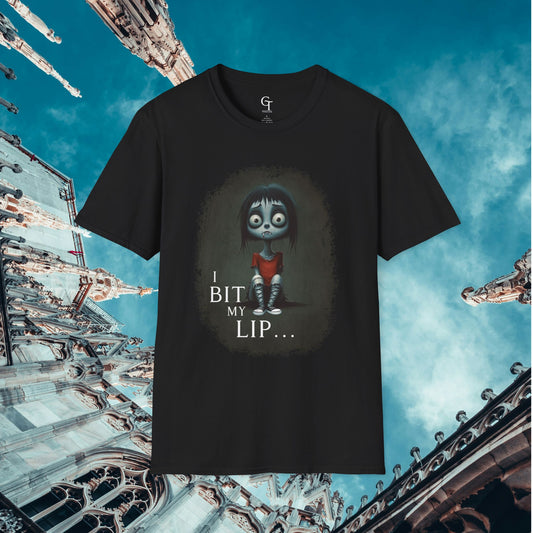 "I Bit My Lip" Tee: Cute Vampire Dark Humor Goth Graphic Shirt