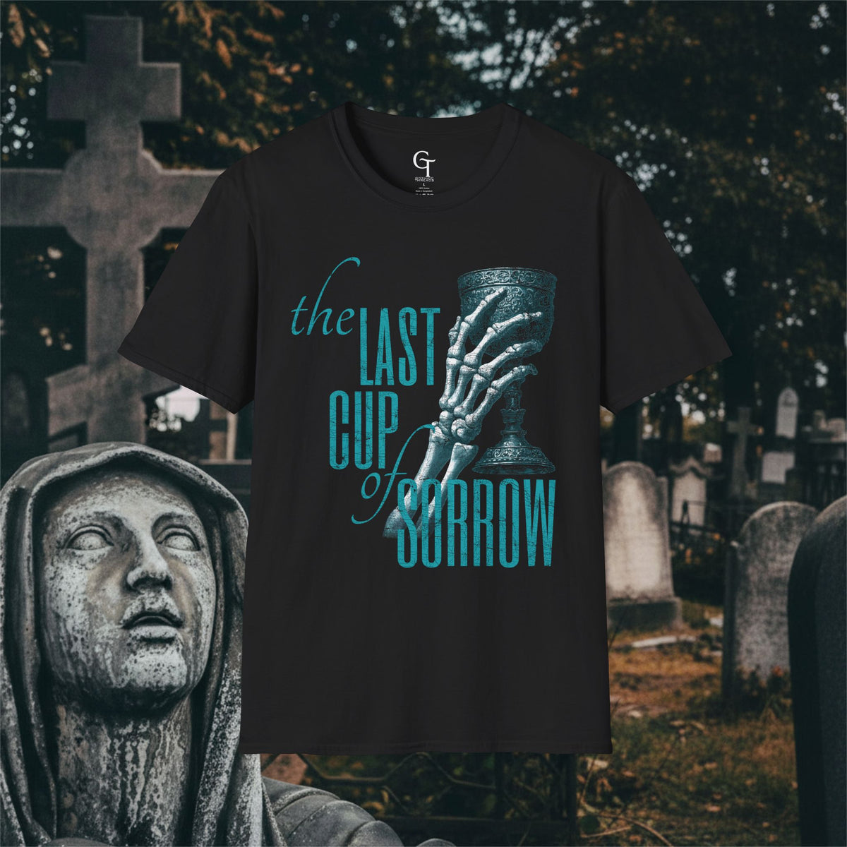 Skeleton Chalice Tee: "The Last Cup of Sorrow" Goth Graphic Shirt