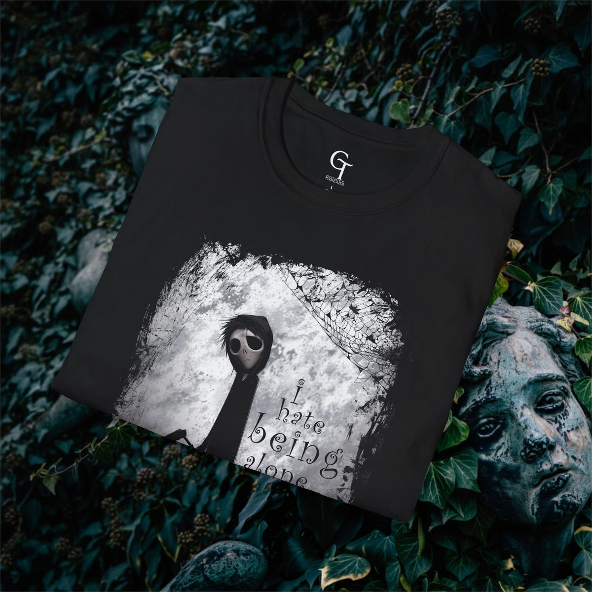 "I Hate Being Alone..." Tee: Cute Grim Reaper Dark Humor Goth Shirt